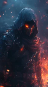 Hooded armored figure with fiery eyes stands amid embers