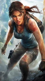 Dynamic adventurer portrait in high-impact digital realism.