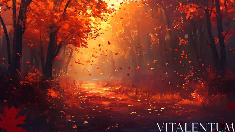 Forest Path with Autumn Foliage and Golden Light