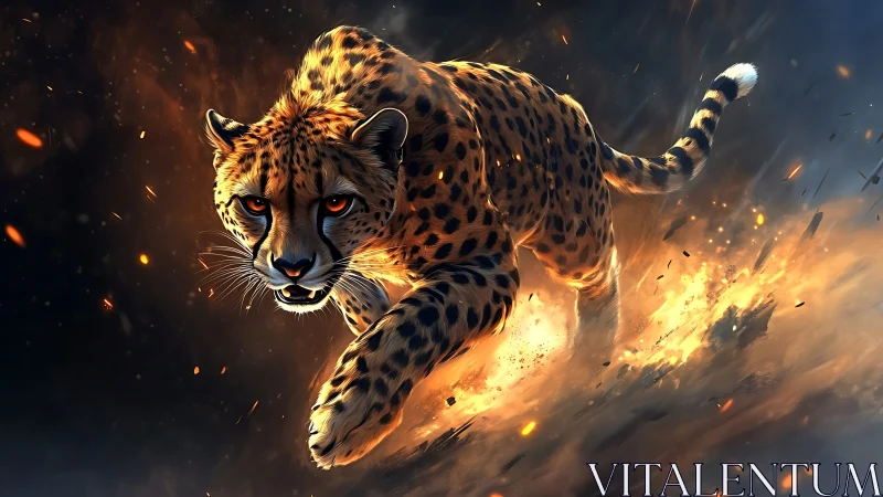 Digital cougar rendering with volumetric fire effects and dynamic particle systems