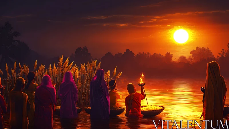 Sun-drenched river ritual with glowing saffron silhouettes.