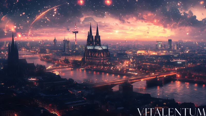 Concept art night cityscape with luminous cathedral skyline.