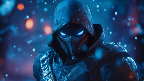 Hooded cyber assassin with glowing visor in snowstorm