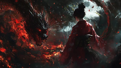 Samurai in red kimono confronts molten dragon amid eruptive embers