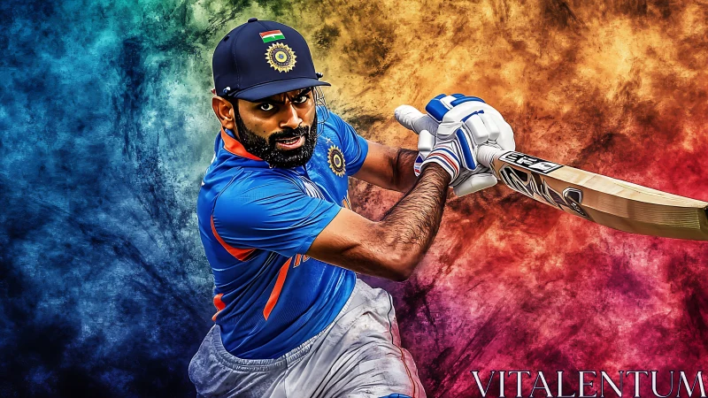 Cricket batter drives shot over vivid abstract backdrop.