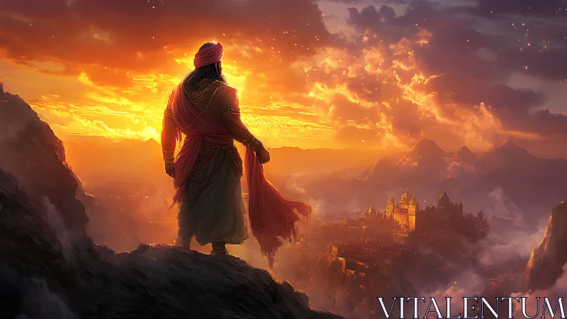 Figure in traditional attire observing distant valley city.