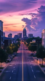 Sunset city avenue leads toward distant illuminated skyline