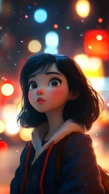Young girl gazes at dreamy neon city lights at night.