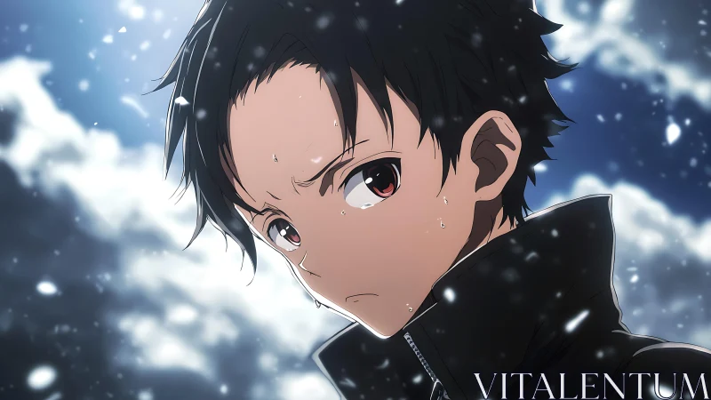 Snowfall portrait of dark haired anime boy in close view.