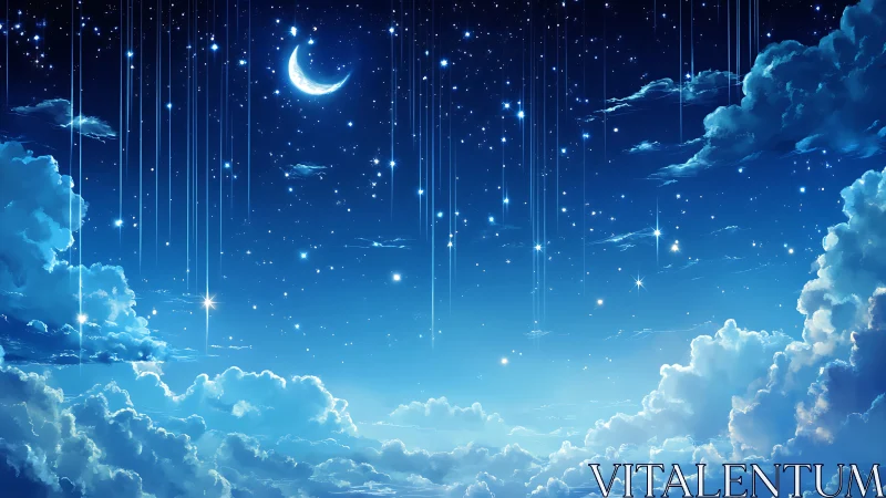 Luminous crescent sky with cascading stars in digital painting.