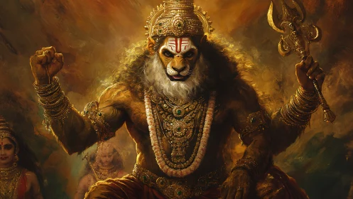 Lion-headed deity figure in ornate golden regalia, seated.