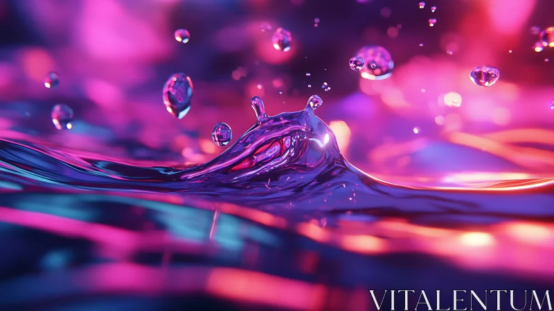 Neon illuminated liquid surface with suspended droplets.