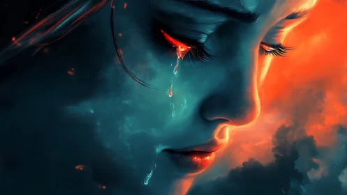 Firelit tearfall over a storm-bright, dream-soft face.