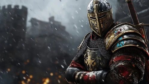 Heavily armored medieval knight stands in snow before fortress