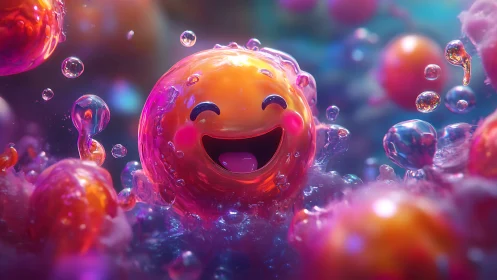 Bubble-bright emoji drifts through neon foam and laughs