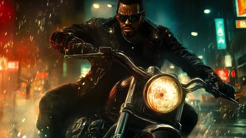 Night rain motorcycle pursuit with neon city backlight glow.