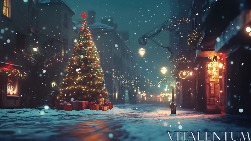 Snowy city street glows around illuminated Christmas tree