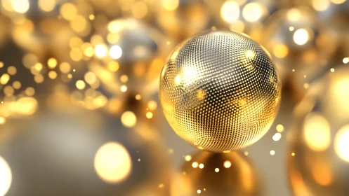 Shimmering Golden Sphere with Abstract Bokeh Lights, 3D Render.