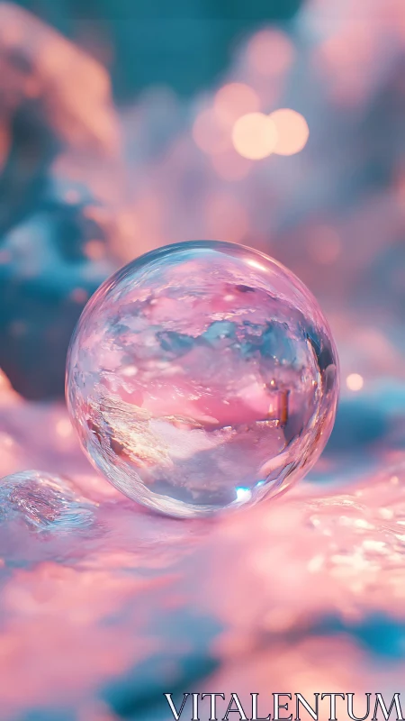 Glass orb reflects pastel clouds in ethereal bokeh field.