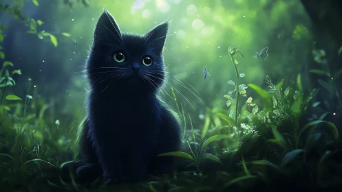 Black Cat in Luminescent Green Forest.