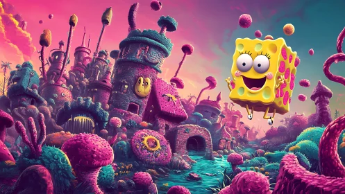 Cartoon sponge figure within saturated fantasy landscape.