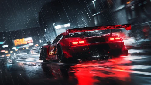 Red drift car powers through neon city rain at speed