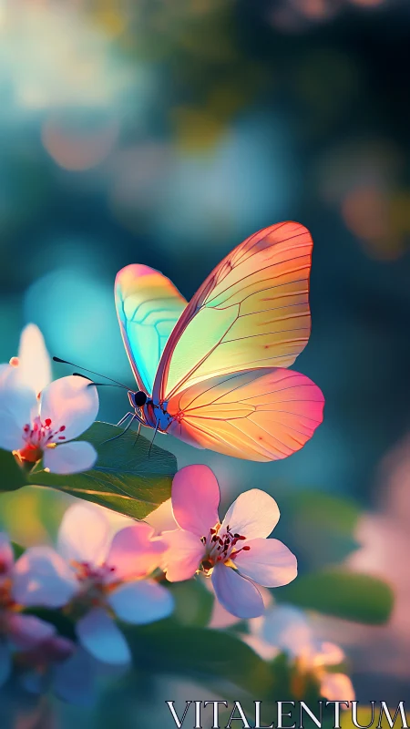 Vibrant pastel butterfly resting on blooming spring flowers.