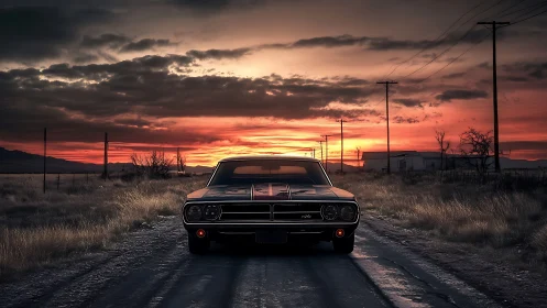 Low-angle muscle car portrait on rural road beneath dramatic sunset