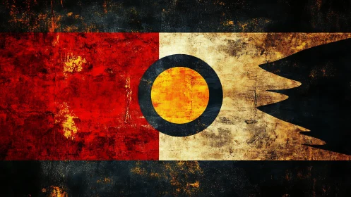 Abstract worn flag design with central circular emblem.