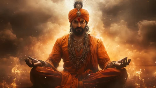 Radiant sage in orange robes meditating within glowing clouds.