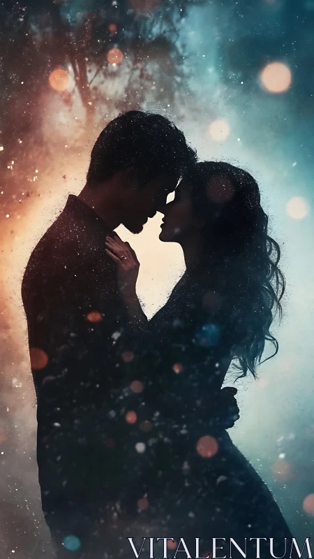 Two souls drift through luminous void, hearts eclipsing light.