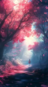 Solitary figure walking under vivid pink forest canopy.