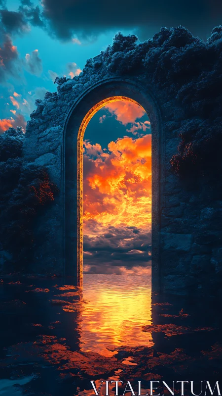 Stone archway frames blazing sunset sky over reflective water