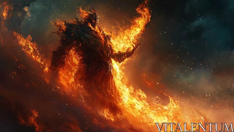 Flaming elemental strides through swirling inferno storm.