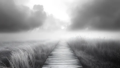 Quiet wooden pathway drifting into soft silver fog.