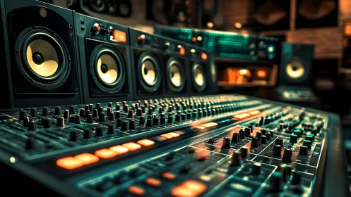 Professional audio mixing console with studio monitors in view.
