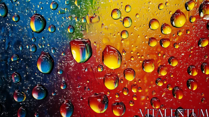 Rainbow light refracts through water droplets on vivid glass.