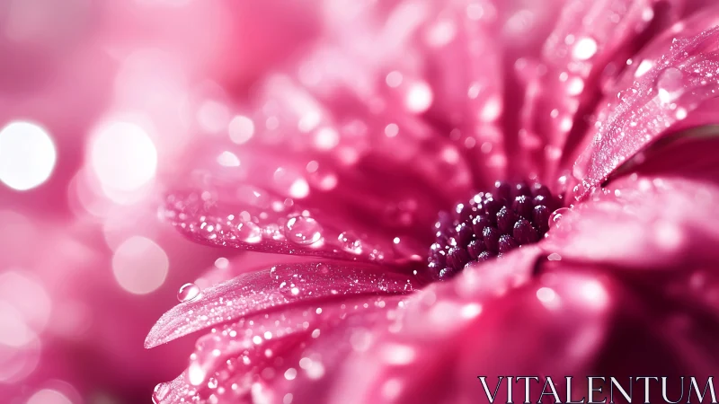 Macro study of dew-covered pink daisy petals in shallow focus