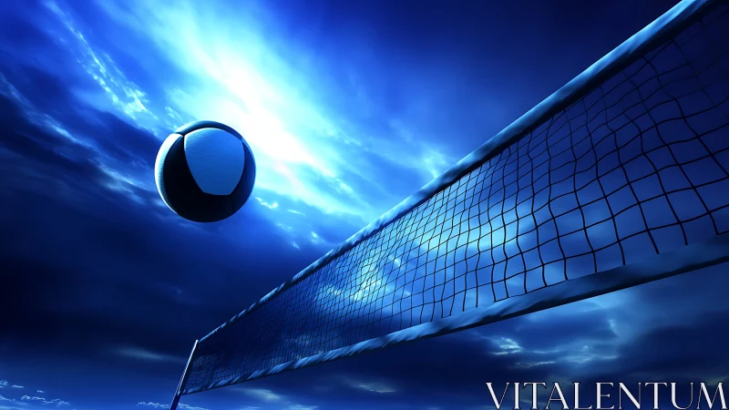 Volleyball in motion against luminous blue storm sky.