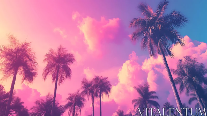 Vibrant palm trees under pink and purple tropical sky.