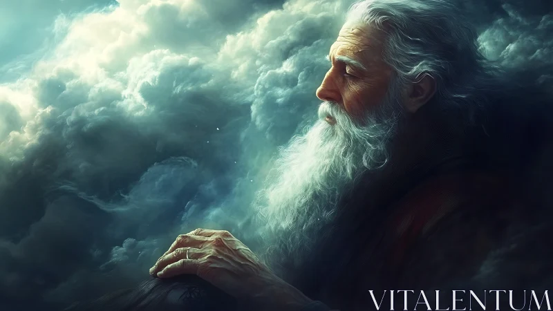 Ethereal elder profile within luminous storm clouds.