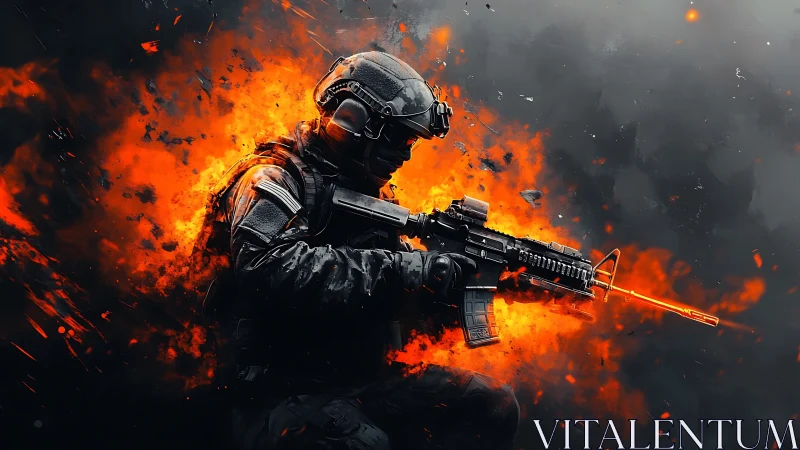 Tactical operator in ballistic armor amid explosive firestorm.