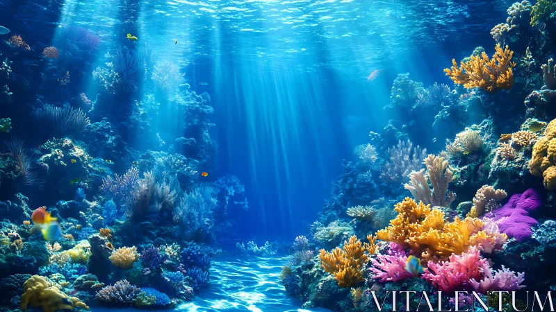 Sunlit coral reef landscape shows dense marine biodiversity