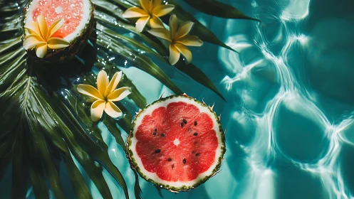 Tropical fruit still life over rippled aqua pool surface.
