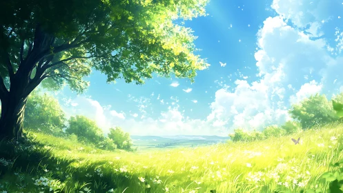 Sunlit meadow daydream under a sheltering summer tree.