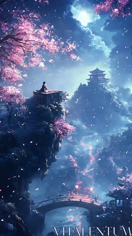 Moonlit mountain village is rendered with cherry blossoms