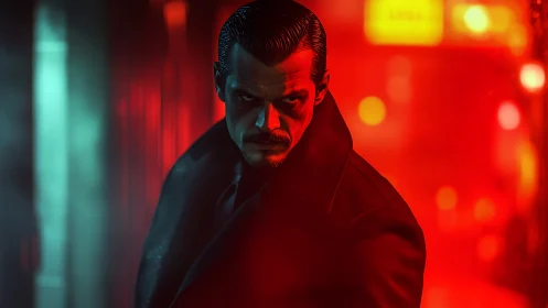 Man in dark overcoat stands in neon red city alleyway