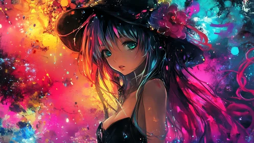 Digital portrait shows anime girl against abstract neon field