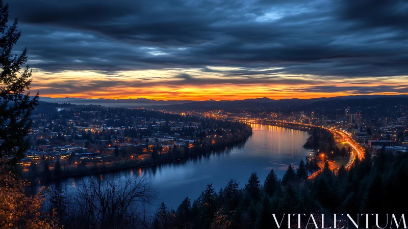 Urban river at blue hour under stratified storm cloud deck