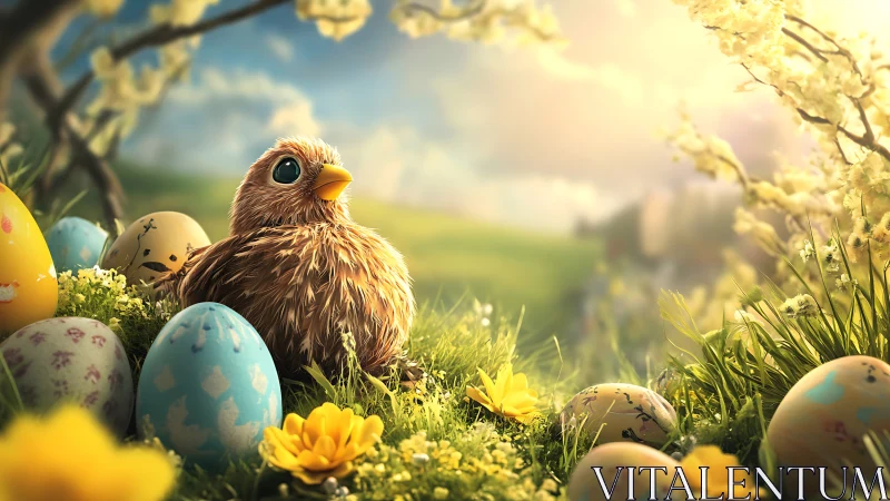 Easter chick amid painted eggs in glowing spring meadow.